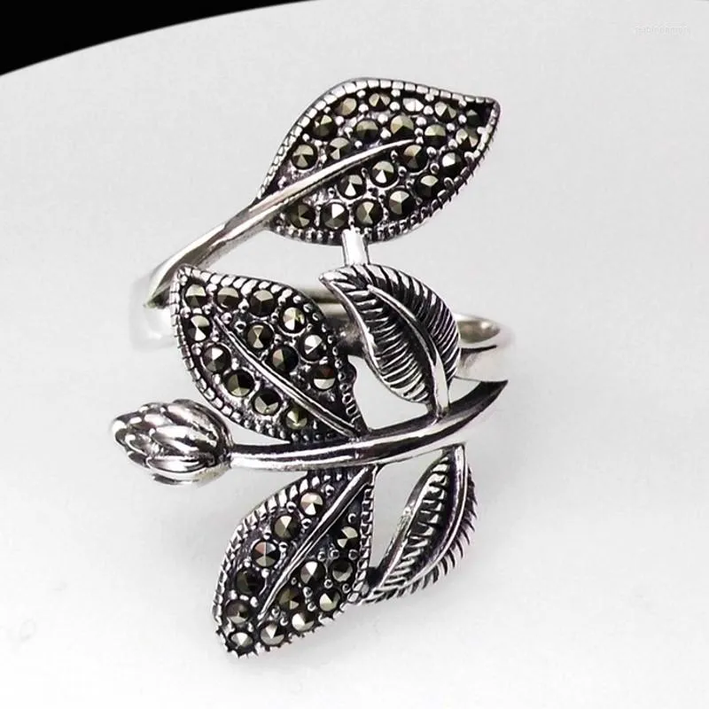 Cluster Ringe Echt S925 Silber Schmuck Ethnischen Stil Persönlichkeit Baum Blätter Blume Knospen Frau Ring Retro Mutter Geschenk