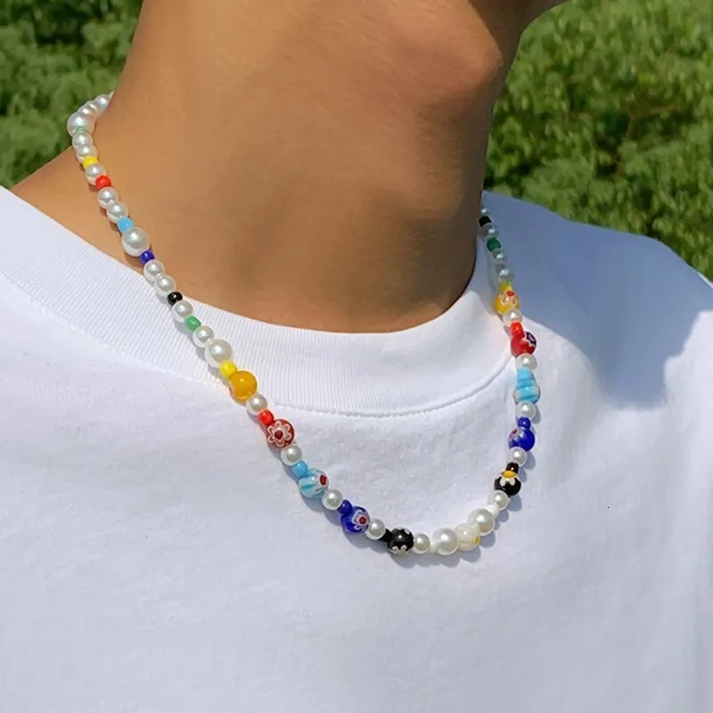 Pendanthalsband Boho Colorful Printed Simulated Pearl Chain Necklace Men Summer Vintage Handgjorda pärlor Choker Y2K smycken Tillbehör 230831