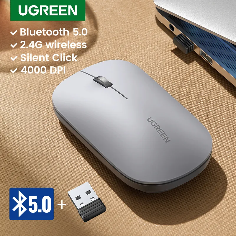 Ratos Ugreen mouse sem fio Bluetooth 2.4G ratos silenciosos 4000 dpi esquerda direita para macbook tablet computador portátil pc mouse sem fio 230831