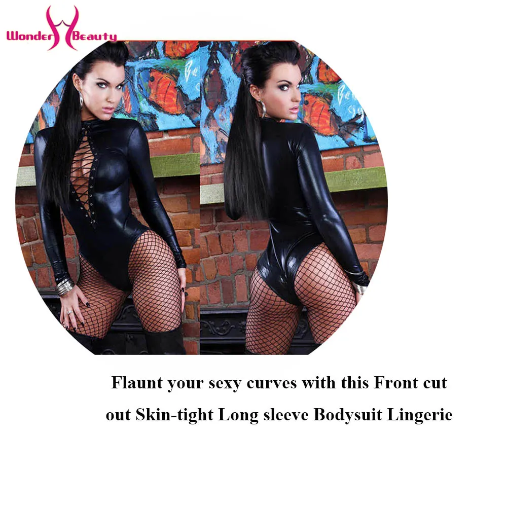 Women Leather Bodysuit Long Sleeve Lace-up Club Jumpsuit PU Romper Teddy Latex Catsuit Catwomen (9)