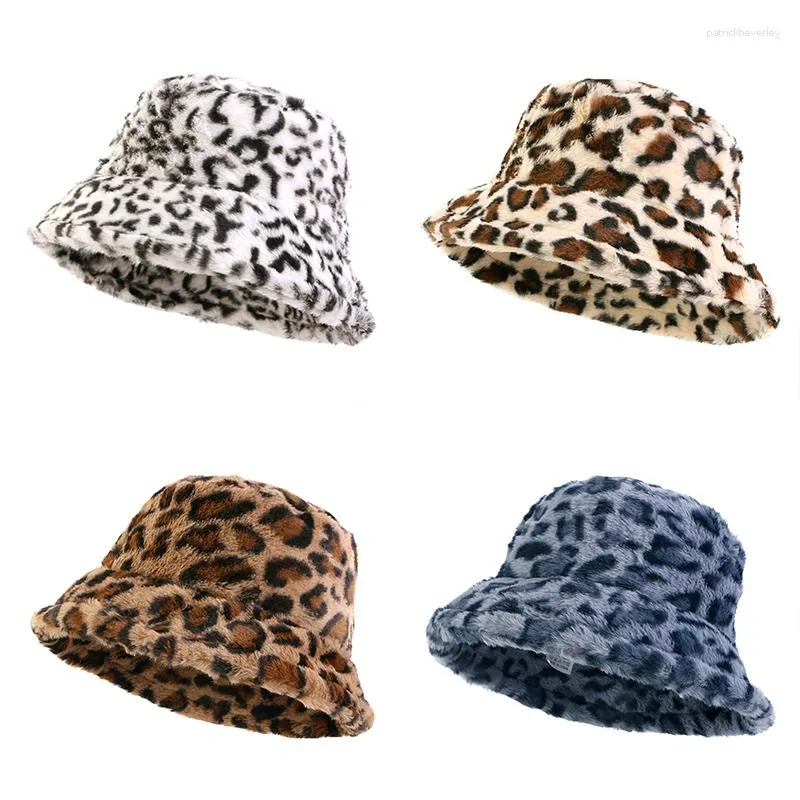 Bérets femmes hiver peluche seau chapeau chaud couleur léopard fausse fourrure pêcheur casquette moelleux Panama Femme Vintage Bob Sunbonnet