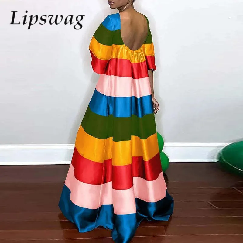Basic Casual Dresse Fashion O Neck Backless Maxi Party Dress Rainbow Striped Casual Long Dress Summer Female Short Sleeve Loose Pullover Dress 230831