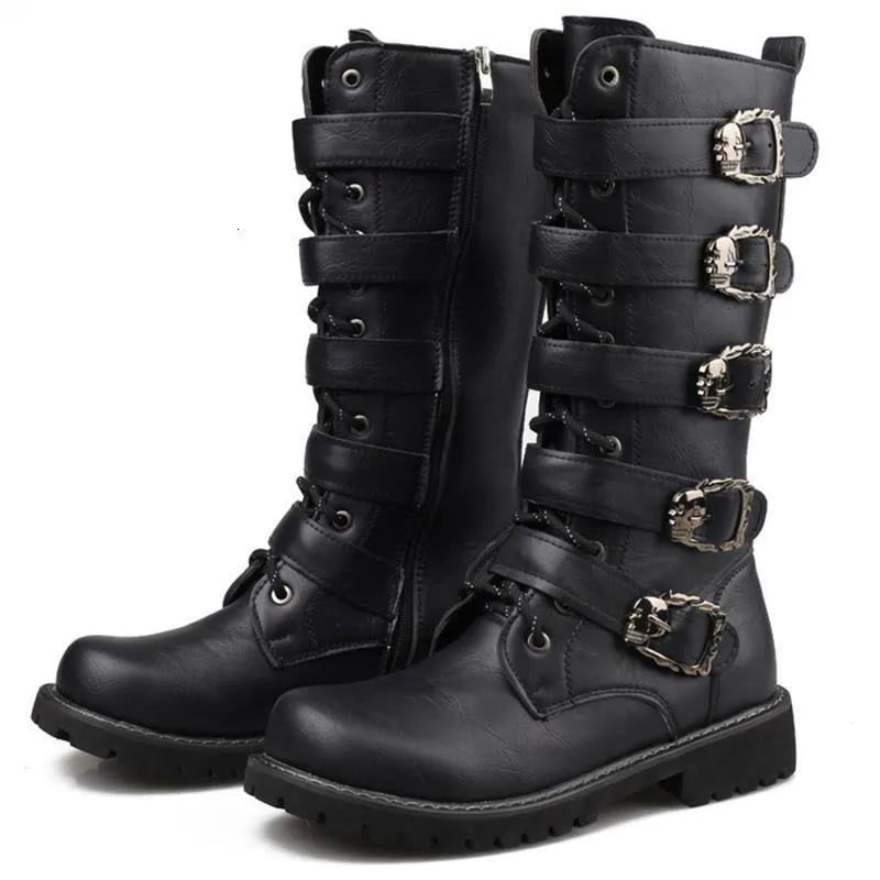 Boots Men Syborcyclist Military Tactical Metal Punk Style Man Rock Mid Gothic Gothic Large Leather Leather Mens Soes 230831