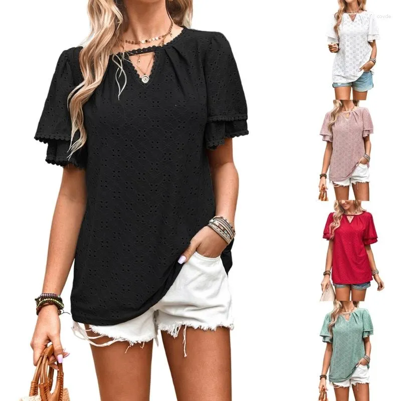 Women's T Shirts Women Lace Trim Layered Ruffle Short Sleeve T-Shirt V-Neck Hollow-Out Tunic Tops