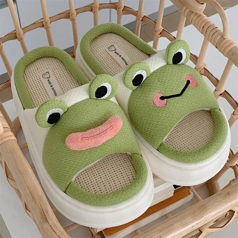 Slippers Women Soft Sole Linen Home Shoes Cute Animals Frog Girls Kawaii Fluffy Winter Warm House Funny