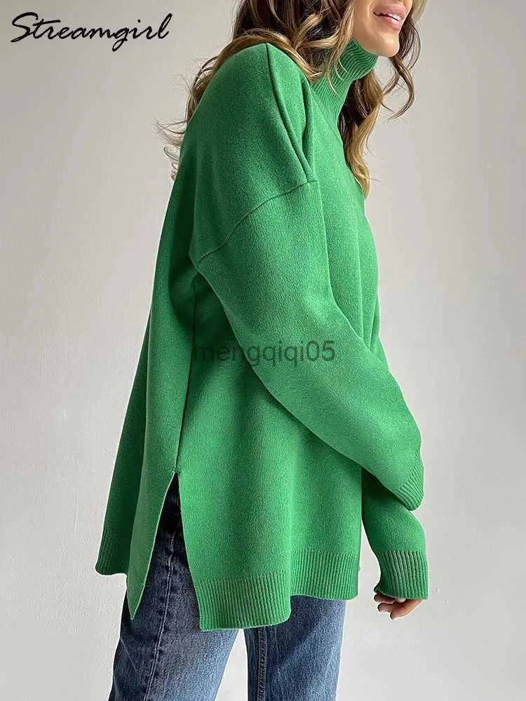 Maglioni da donna Maglione pullover dolcevita caldo con spacco laterale Donna Oversize Top invernale Morbido maglione oversize verde basic per donna Dolcevita HKD230831