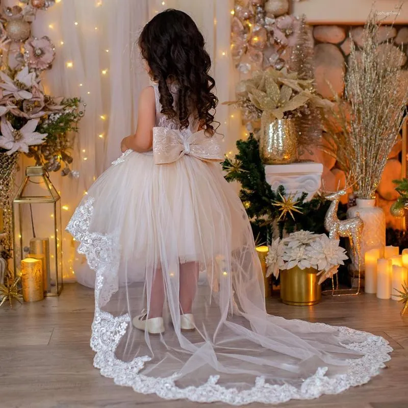 Girl Dresses Summer Ivory Flower Dress A-Line Hi-Lo Cute Girls Princess Wedding Party Lace Applique First Communion Gown