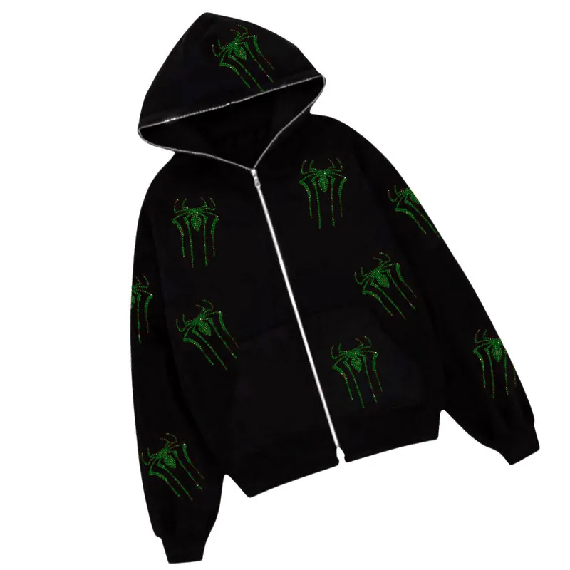 Gotisk avslappnad sportjacka Y2K Europeiska och amerikanska lösa blixtlås Hoodie Men's Top Spider Rhinestone Printed Fashion Jacket