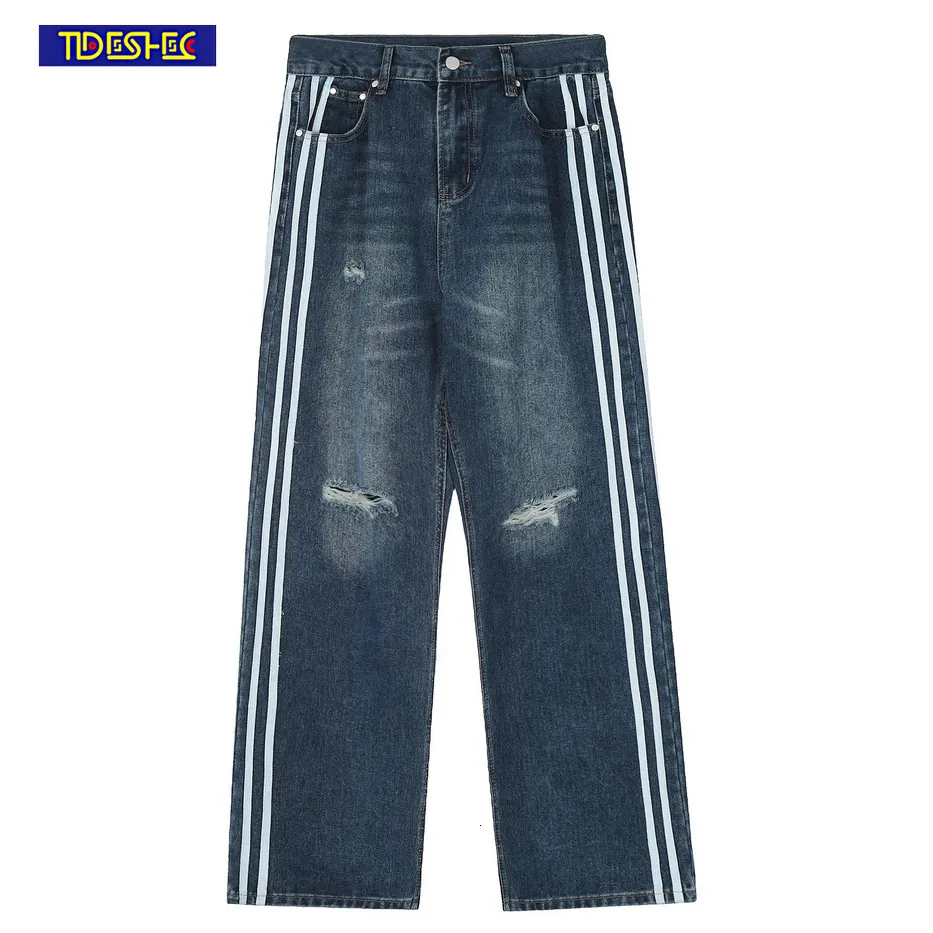 Herren Jeans Koreanischer Stil Streetwear Gespleißte Gestreifte Denimhose Sommer Vintage Y2k Jeans Damen Hohe Taille Gerade Baggy Übergroße Jeans 230830