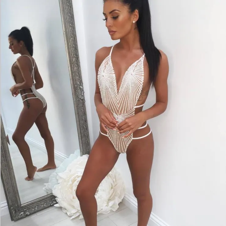 Women's Jumpsuits Rompers BKLD Summer Women Bodysuit Sexy Sleeveless Vneck Backless Bandage Hollow Out Sequined Clubwear Jumpsuit 230830