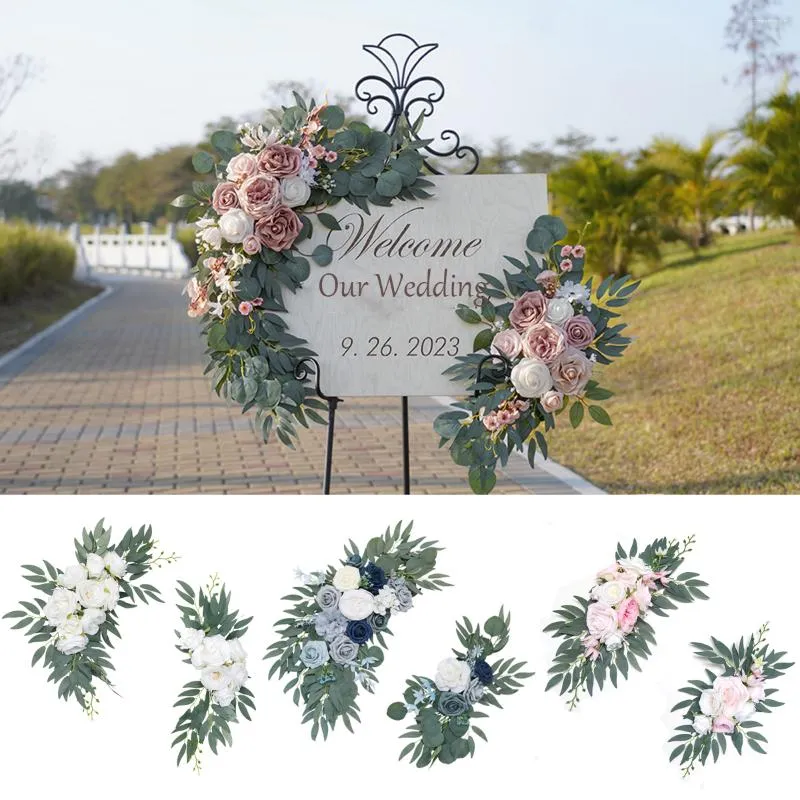 Flores decorativas 1 par kit de arco de casamento artificial boho empoeirado rosa azul eucalipto guirlanda cortinas para decorações sinal de boas-vindas