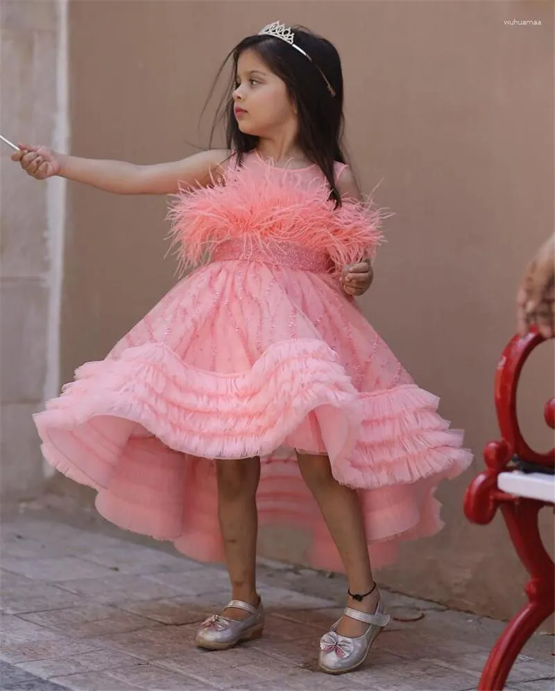 Girl Dresses Pink Fluffy Tulle Feather Flower Dress Birthday Party Sleeveless Ball Gown Princess For Wedding Kid Beauty Pageant Wear