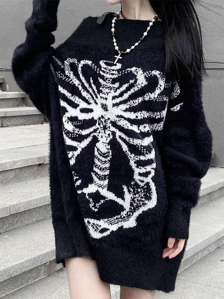 Women's Sweaters QWEEK Gothic Harajuku Skull Womne Pullovers Y2k Goth Punk Knitted Black Long Sleeve Tops Autumn Knitwear Cool Girl 230830
