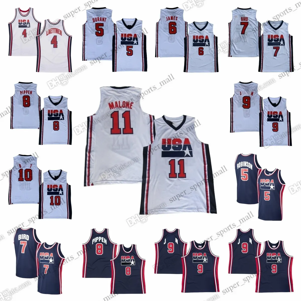 Niestandardowe dzieci kobiety 1992 Retro Basketball Jerseys 7 Bird 5 Robinson 10 Drexler 8 Pippen 11 Malone 12 Stockton 4 Laettner zszyte koszulki