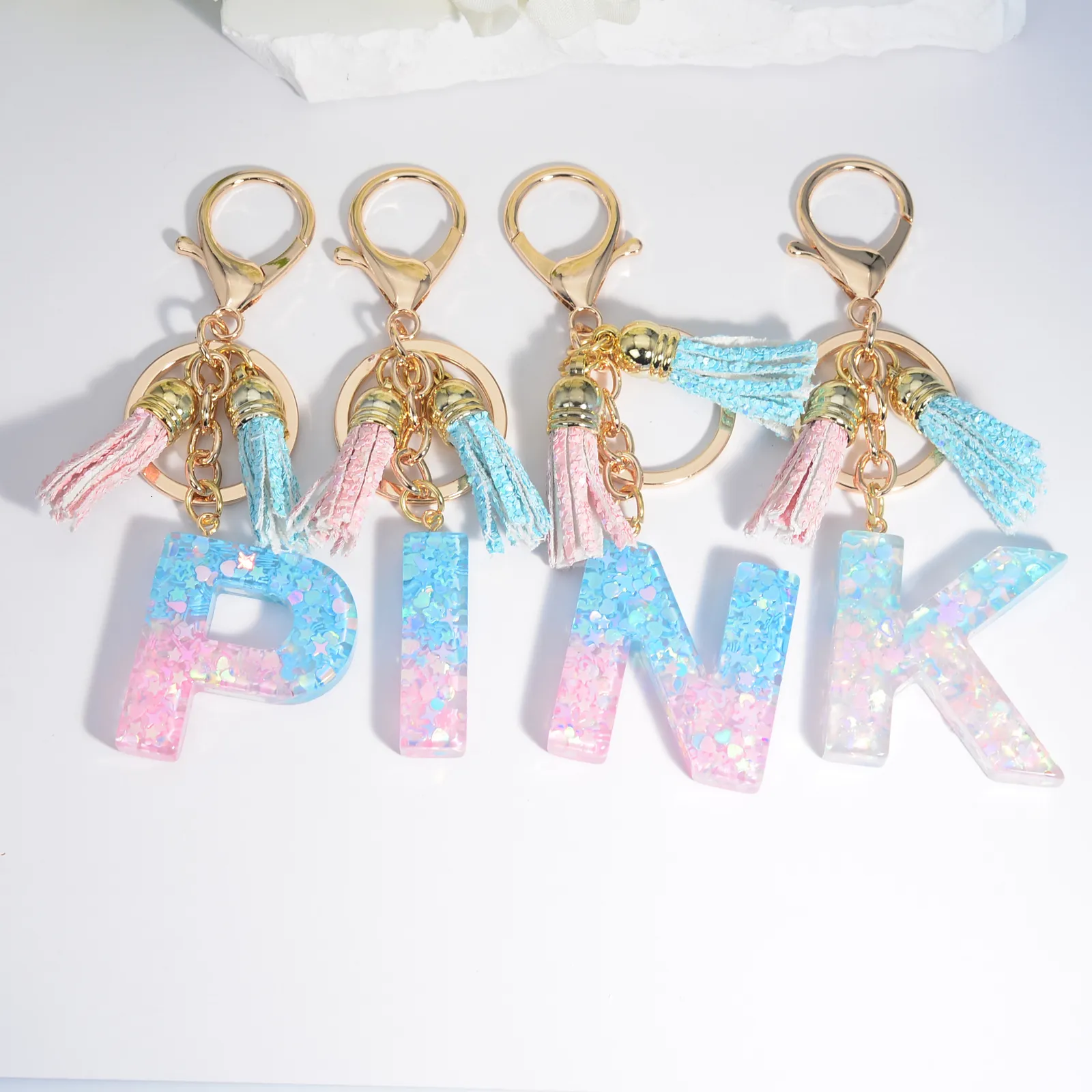 thumbnail image 2 of White Stone Filled Resin Letter Keychain A-Z 26 Initials Name With Key Holder Tassel Heart Pendant Girls Handbag Backpack Decor 2 of 11