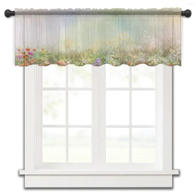 Rideau à fleurs en Tulle aquarelle, petite cantonnière de fenêtre de cuisine, pure courte chambre à coucher, salon, décoration de maison, rideaux en Voile