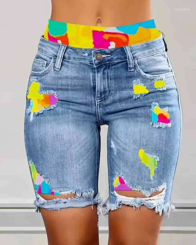 Damen-Shorts, täglich vielseitig, Denim, 2023, Frühling/Sommer, modisches Splice-T-Shirt, gefärbter Druck, geteilt