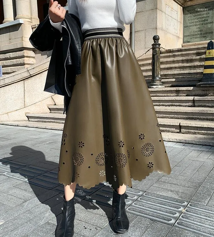 Skirts PU Faux Leather Hollow Out Elegant Women Loose Casual Ladies 2023 Autumn Winter High Waist A-line Midi L846A