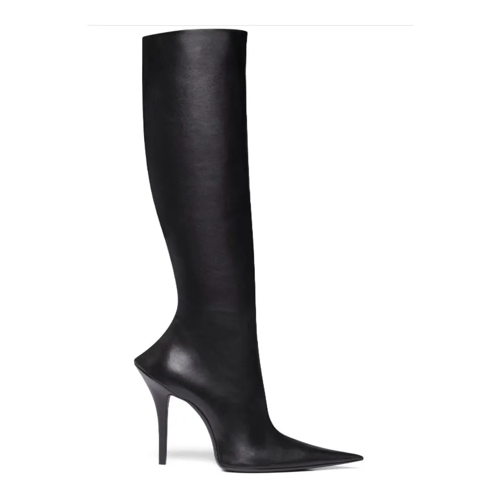 Bottes Créateur Talon Haut - Cuir Et Daim Noir - Taille US 8 (genou) - Occasion - Style Biker