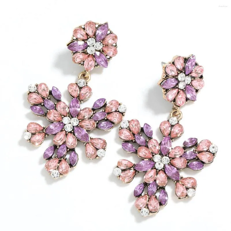 Dangle Earrings Vintage Antiqued Gold Color Purple Rhinestone Flower Shaped Drop For Women Female Retro Bohemian Jewelry