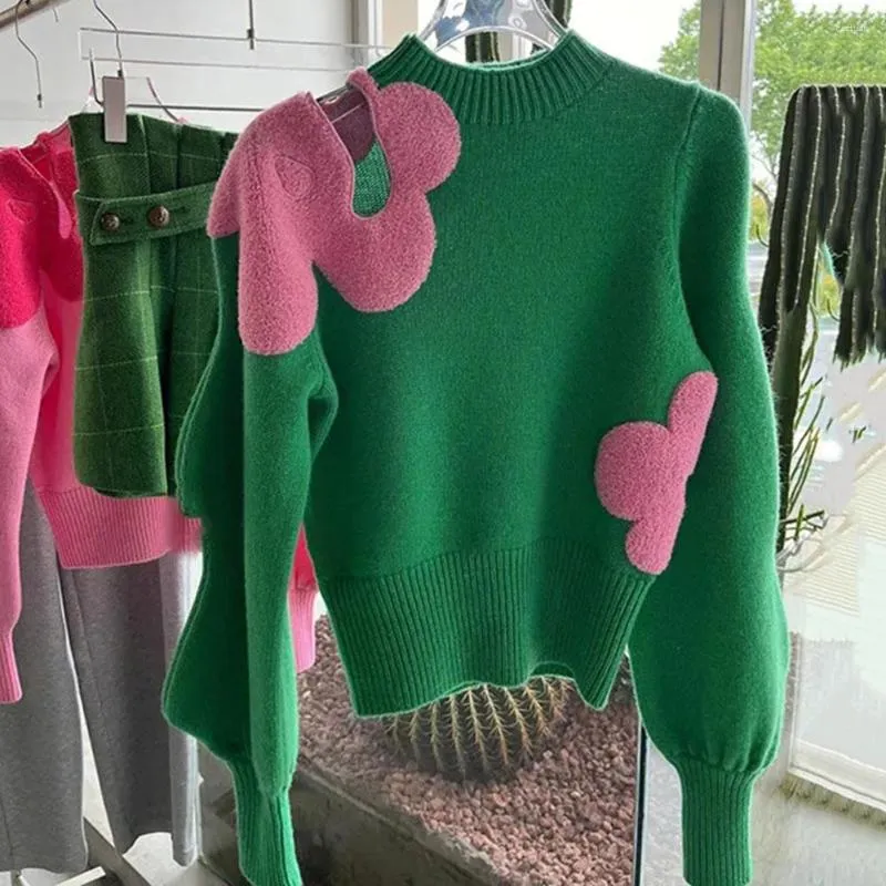Suéteres para mujer Runway Mujeres Jerseys Suéter Ruffles Manga larga Hollow Out Flores grandes Prendas de punto Mujer Verde Rosa Damas Tendencia Jumper