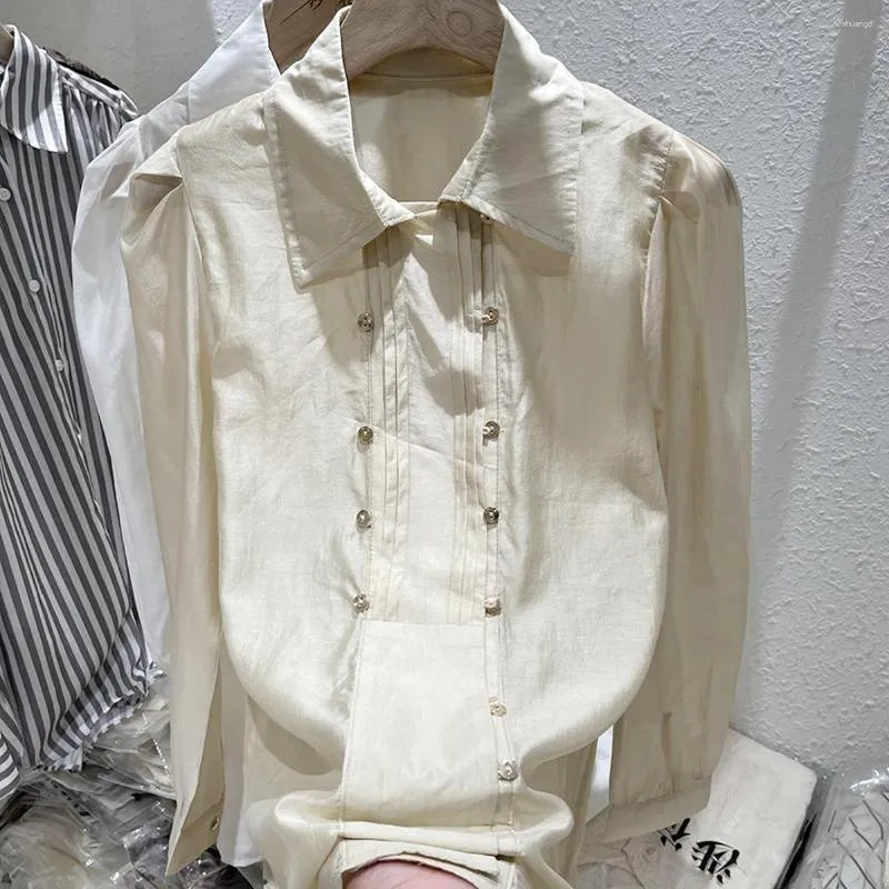 Damesblouses Hoge kwaliteit 2023 Herfst Vintage POLO Kraag Chiffon Shirt Lange mouwen Ontwerp Dubbele rij knopen Dunne blouse Trend