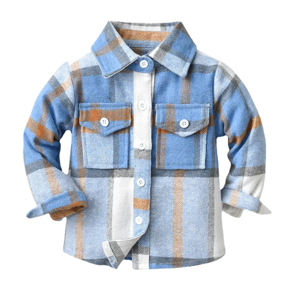 Spring Autumn Fashion Baby Boy Girls Long Sleeve Cotton Plaid Shirt Lapel Collar Button Design Casual Classic Kids Thick Warm Blouses 2525