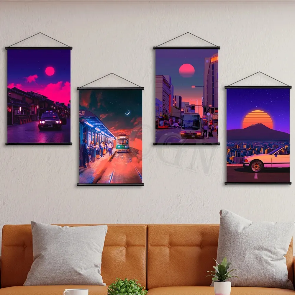 Pittura su tela Città Notte Anime Scena Vaporwave Auto Poster Immagini Stampa HD Arte della parete Casa Stile giapponese Soggiorno Camera da letto Decorazione Regalo Senza cornice Wo6