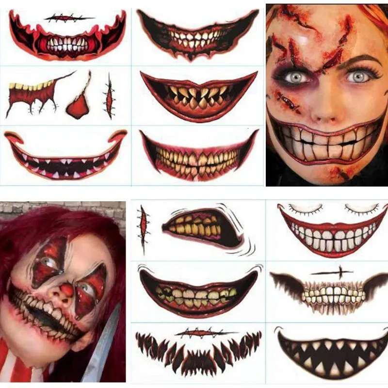 Other Tattoo Supplies 12pcs Halloween Clown Horror Mouth Tattoo Stickers Temporary Tattoos DIY Fake Tattoo Cosplay Party Decoration 230831