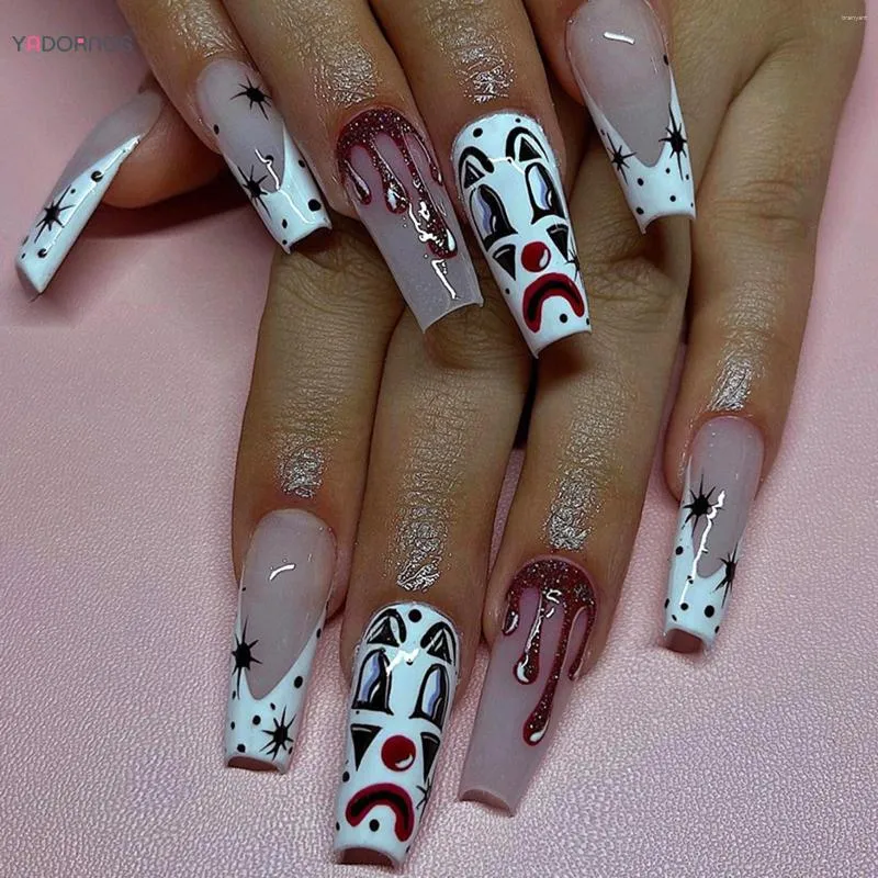 False Nails Hallowmas Long Nail Blood Drops White Edge Full Cover Reusable Eco-friendly Fake For Lady Beauty Makeup