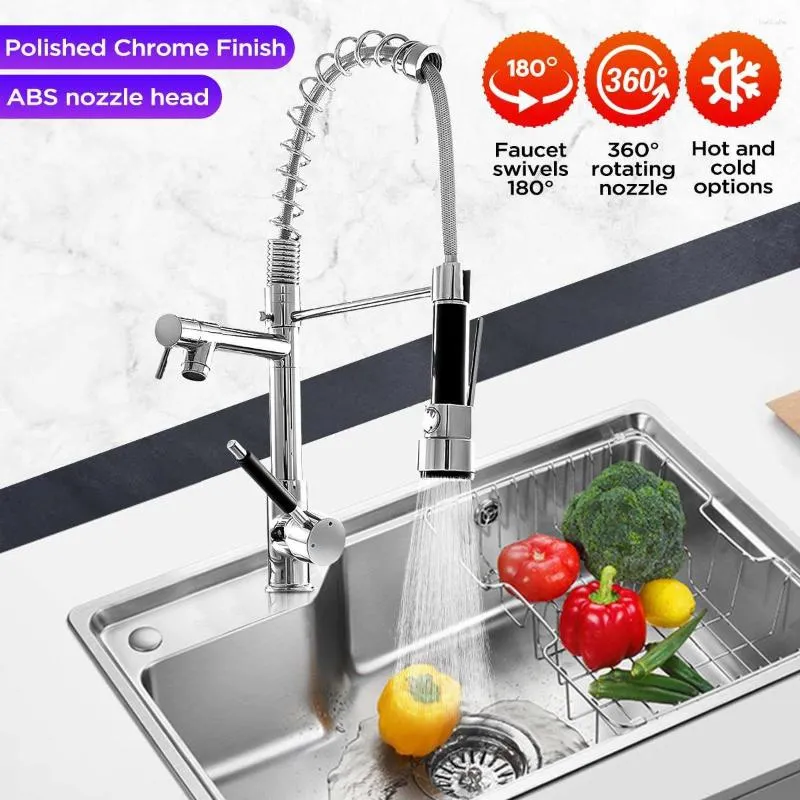 Kökskranar Chrome Pull ut Side Spring Faucet Sprayer 360 Rotation Dual Spout Enkel handtag Mixer Tap Sink Deck monterad