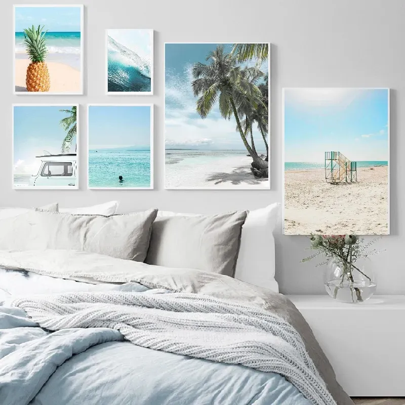 Pintura em tela Nordic Sea Beach Abacaxi Onda Carro Coqueiro Pôsteres e impressões Arte de parede Fotos para sala de estar Decoração de quarto de menina Sem moldura Wo6