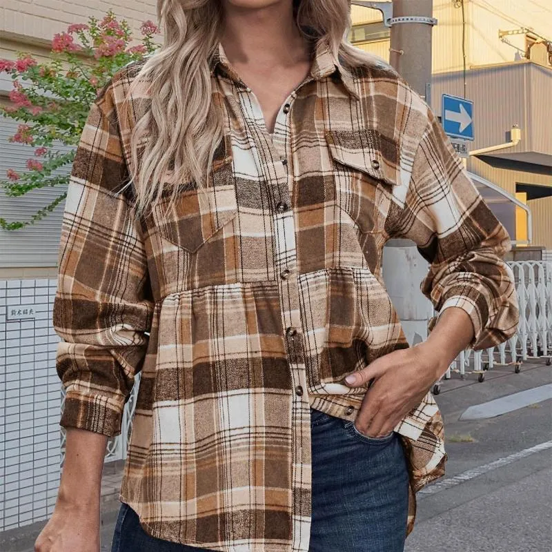 Vrouwen Blouses Verdikking Casual Plaid Shirt Dames Lange Mouwen Zak Losse Grote Maat Knop Straat Vrouwen Shirts Herfst 2023