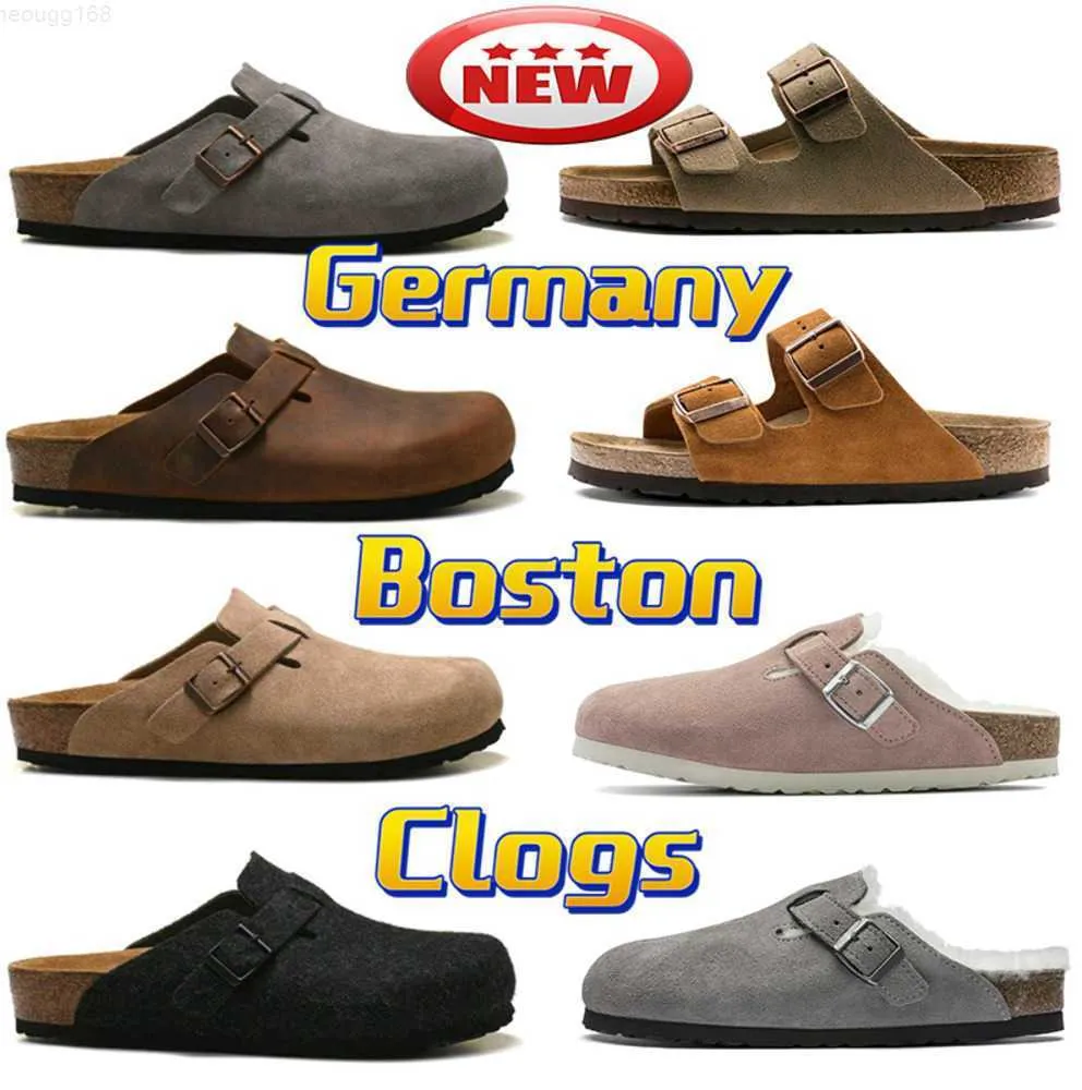 Sandálias Novo Designer Corre Boston Clogs Chinelos Slides Alemanha Cork Fur Slide Mens Loafers Sapatos Runs Couro Camurça Taupe Chinelo Arizona Movimento Corrente 52ess