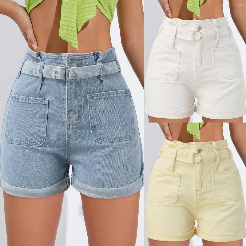 Kvinnors shorts sommarblomma knopp denim med bälte hög midja breda ben dragsko jeans fickor