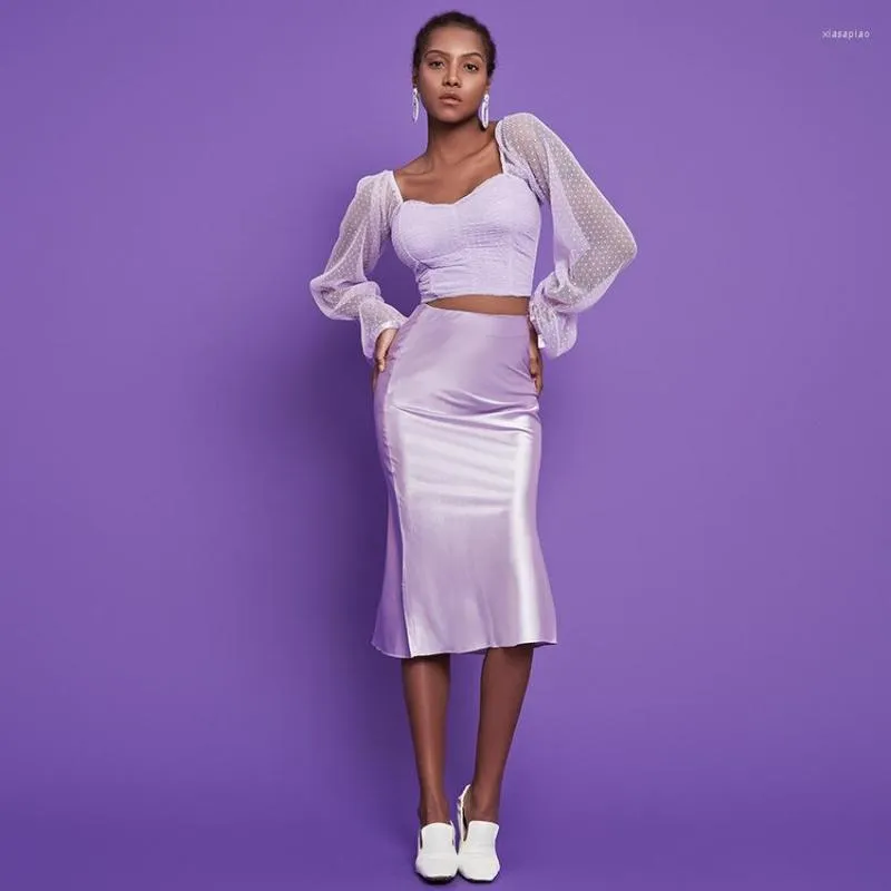 Jupes 2023 Demi-jupe Printemps/Été Drapé Satin Violet Mi-longueur Taille Haute Enveloppé Hanche A-ligne Jupe Longue Pour Les Femmes