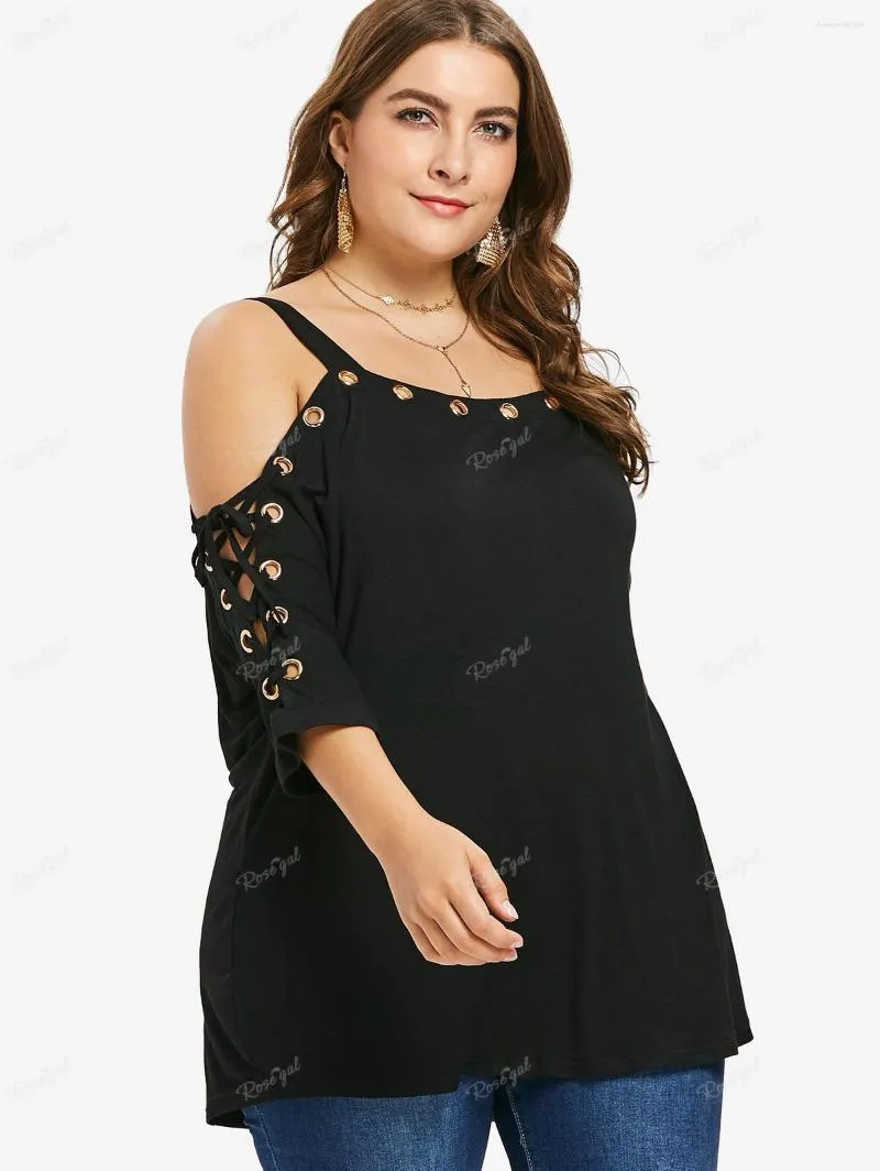 Womens T Shirts ROSEGAL Plus Size Cold Shoulder Grommets Lace Up T