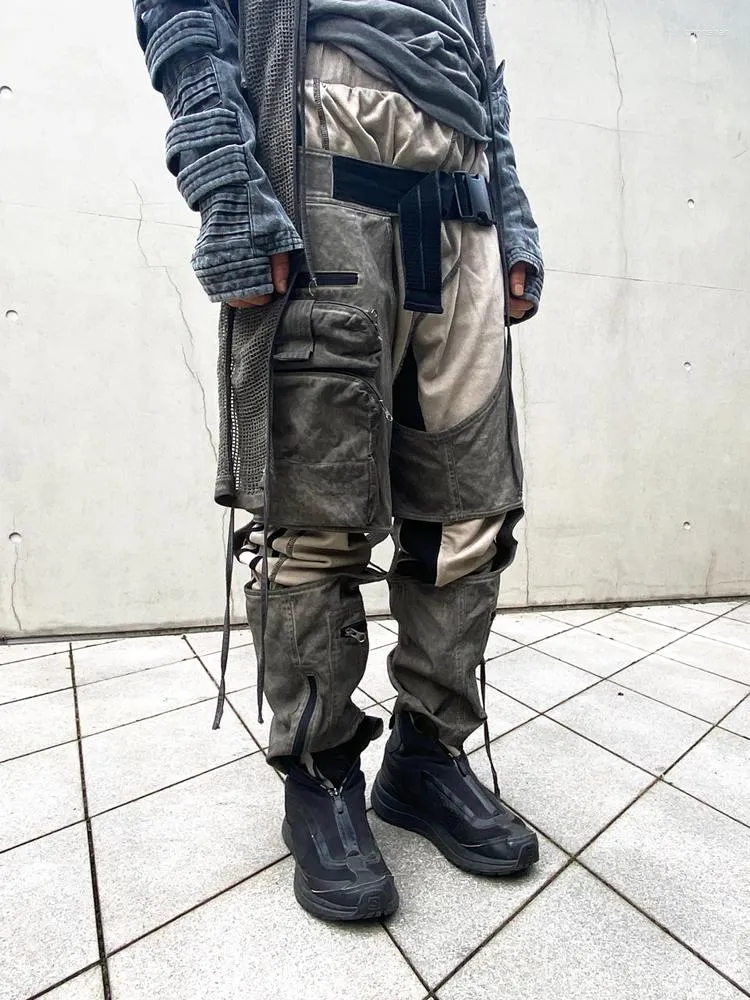 Men's Pants Dune Waste Soil Function Style Hollow Out Asymmetrical Dyed To Do Old Personality Cargo Trend