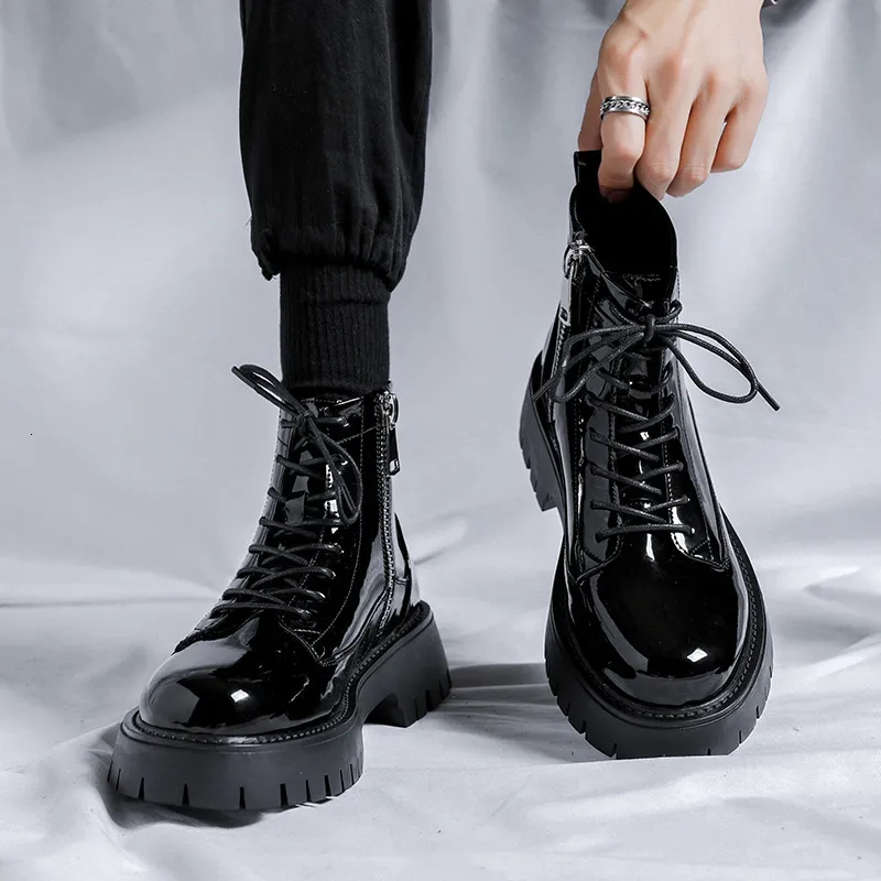 Mens Patent Leather Short Boots Shoes For Men With Thick Soles Korean Streetwear Fashion For Punk Rock Motorcycle Style Style 230831 From Factory Niao06 Bulk 52.58 DHgate.Com