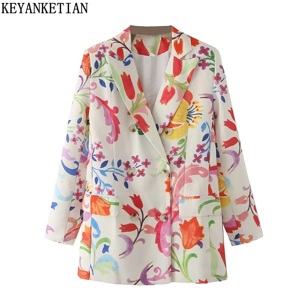 Женские костюмы Blazers Keyanketian Женская весенняя одежда для пастырского стиля моды с цветочным принтом с двойной грудкой, прямой пиджак, женский топ 230831