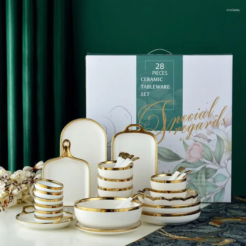 Borden 28 stks/set Wit Porselein Servies Set Gerechten Salade Soepkom Keramische Kommen Servies Service Voor 6/8 Mensen