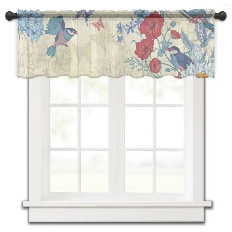 Cortina flor pássaro borboleta retro cozinha pequena janela tule sheer curto quarto sala de estar decoração casa voile cortinas