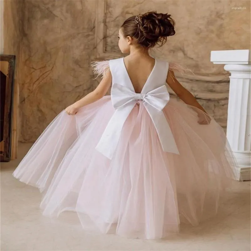 Abiti da ragazza Tulle Fiore Eleganza Lunghezza pavimento Senza maniche Compleanno Matrimonio O Collo Fiocco Tutu Abito da spettacolo Abito da prima comunione