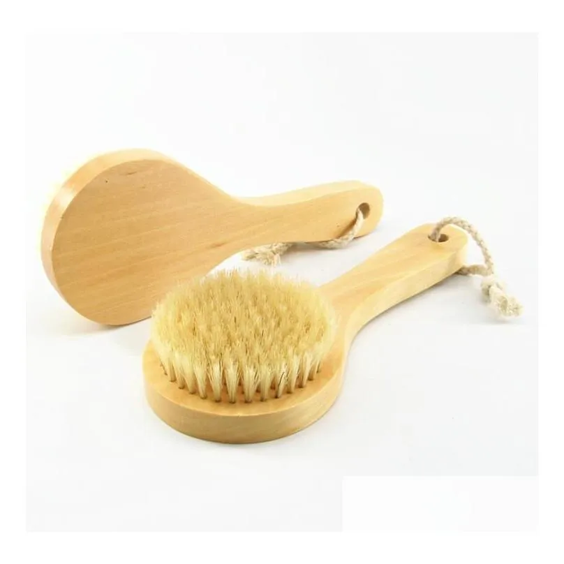 Spazzola per il corpo per pelle secca con manico corto in legno Setole di cinghiale Doccia Scrubber esfoliante Masr Sn4189 Consegna a goccia