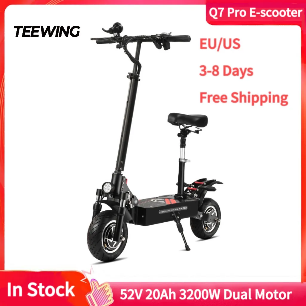 Teewing Q7 Pro Scooter elétrico inteligente dobrável 40 milhas Kick Scooter 3200W Bateria 52V 20Ah Scooter dobrável com motor duplo com pneus de estrada de 10 polegadas