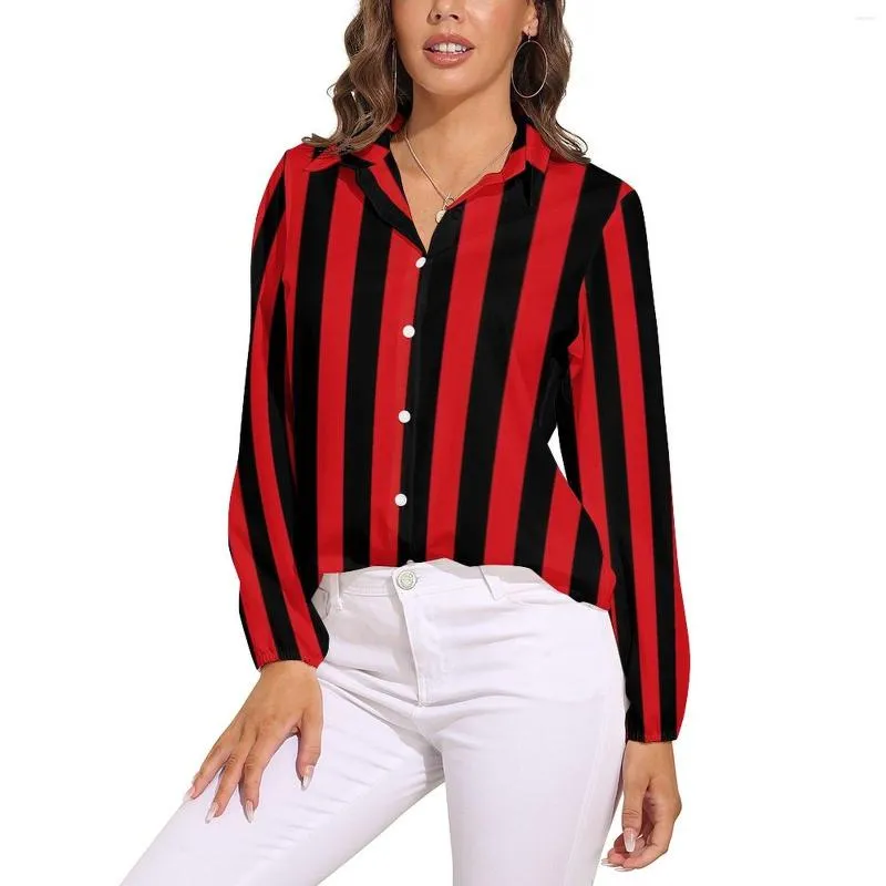 Camicette da donna Camicetta a righe verticali Donna Strisce rosse e nere Streetwear Camicie eleganti a maniche lunghe larghe Camicie modello Abiti di grandi dimensioni