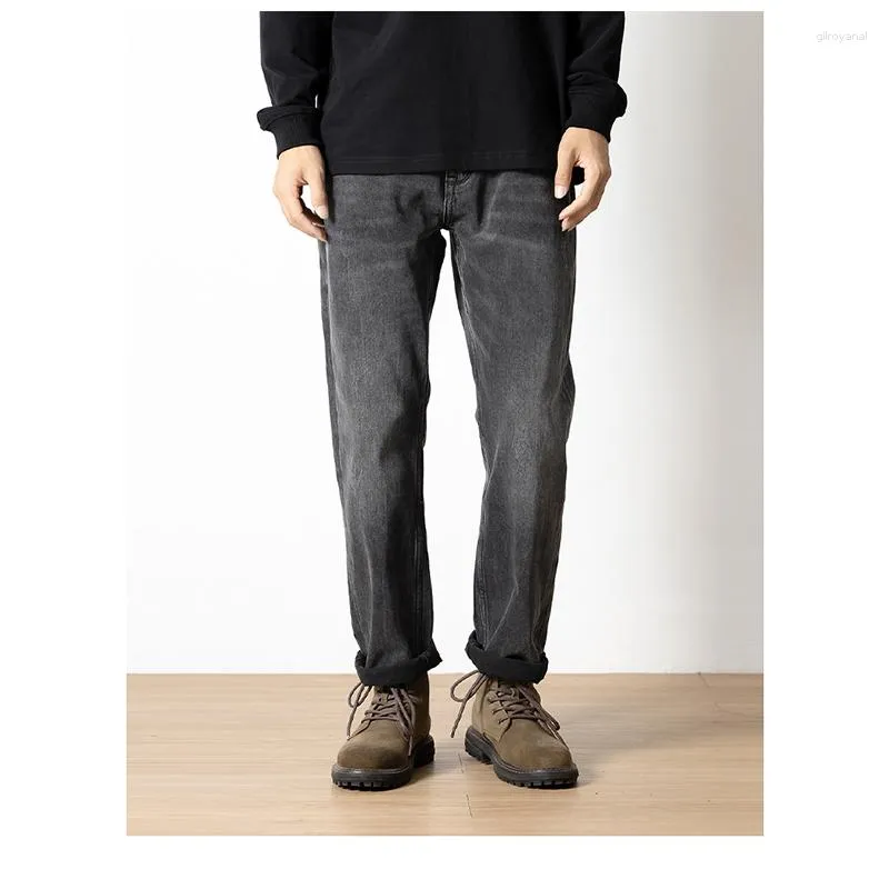 Herren Jeans Herbst Schwarz Grau Gerade Passform Lose Modemarke Scratched Smoke Freizeithose