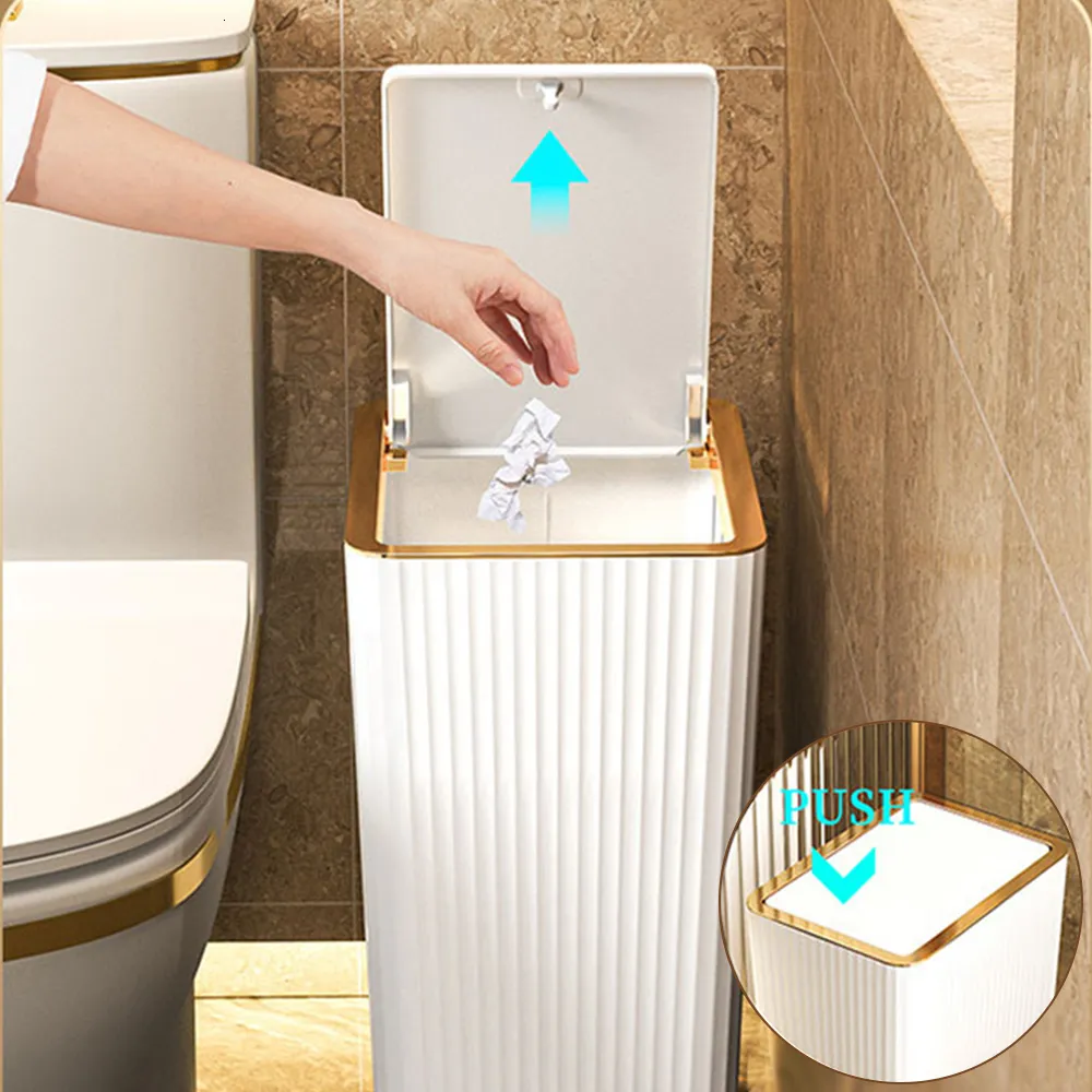Waste Bins 1215L Nordic Gold Press Trash Can Household with Lid Kitchen Light Luxury Presstype Bathroom Living Room Garbage 230830