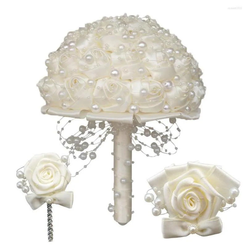 Fiori decorativi Bouquet di fiori di rosa di seta fatti a mano pieno di perle Set da polso con spilla artificiale per matrimonio