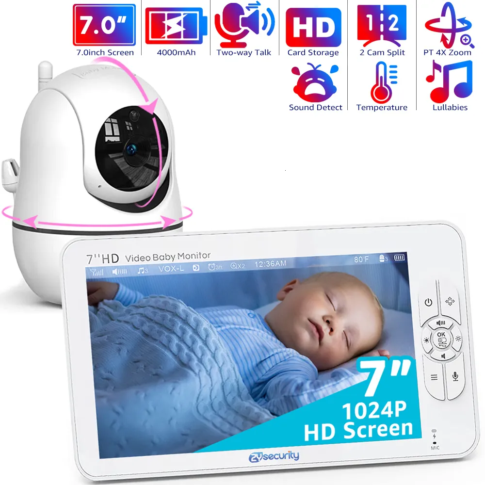 Monitores de bebê 7 "720p HD SPLIT VIDEO MONITOR DO MONITOR DE VÍDEO PAN TILT 4X Câmera de zoom de 2 vias de áudio Visão noturna No WiFi 4000mAh Bateria de canção de ninar Vox 230830